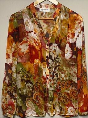 Jones New York Sheer Floral Paisley Blouse Women Small Orange Brown Green Office